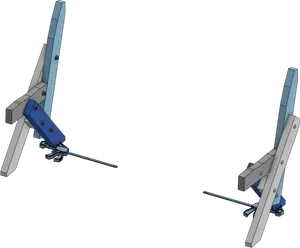 Two leg frames standing up, 5 ft. apart. Each frame has a bar clamp on the very bottom of one of its feet, against the floor.