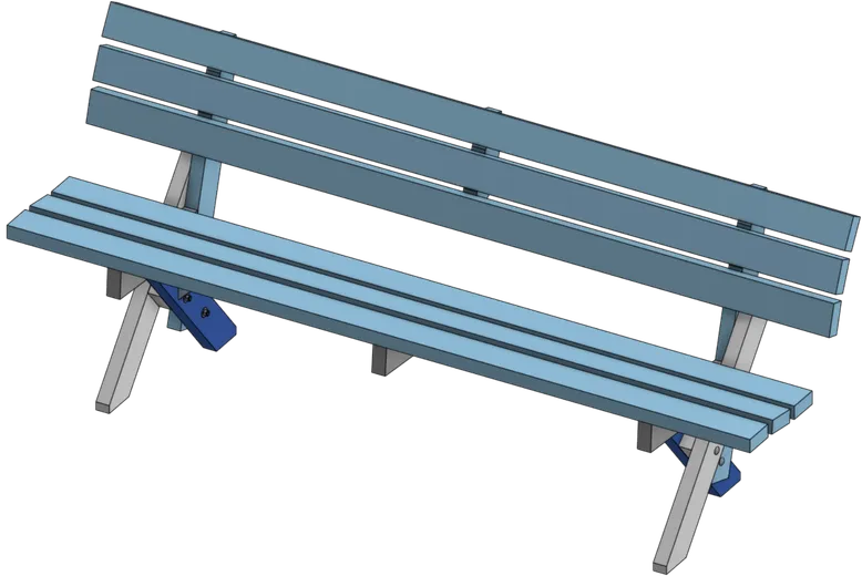 An isometric CAD rendering of 7 ft. long Duderstadt Bench with two legs.