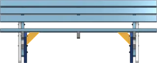 A bench front-view with highlighted braces below the slats connecting to the sides of the leg frames.