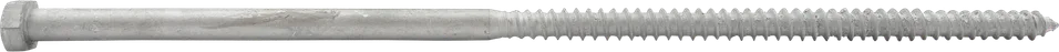 A large long screw with half the length narrower and threaded, with a matte galvanized finish.