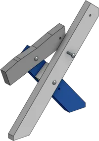 The previous assembly with a seat piece attached askew to the top of the short leg.