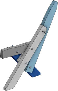 The previous assembly with a backrest piece attached askew at its bottom to the bottom of the short leg.